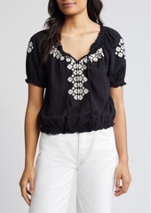 Lucky Brand Geometric Embroidery Cotton Short Sleeve Top