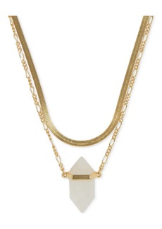 "Lucky Brand Gold-Tone Crystal Pendant Herringbone & Chain Link Convertible Layered Necklace, 16"" + 3"" extender - Gold"
