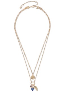 "Lucky Brand Gold-Tone Mixed Stone Moon & Feather Convertible Layered Pendant Necklace, 17"" + 3"" extender - Gold"