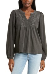 Lucky Brand Lace Pintuck Yoke Cotton Peasant Top