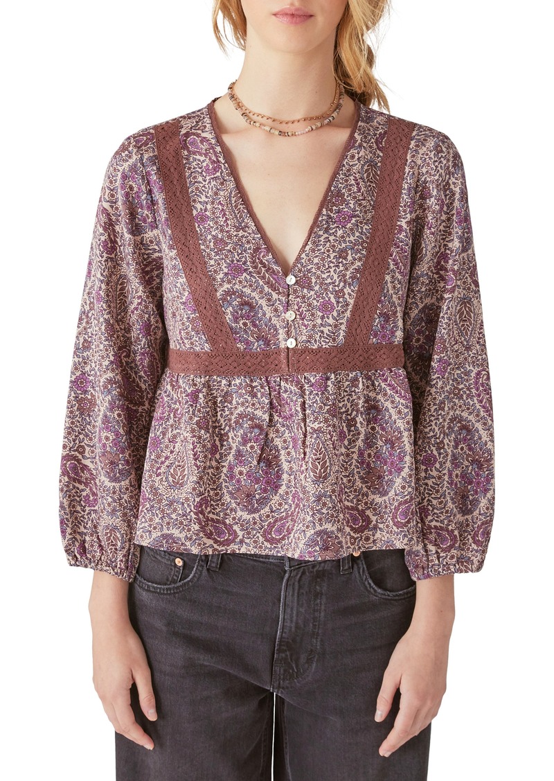 Lucky Brand Paisley Lace Trim Babydoll Top in Mauve Multi at Nordstrom Rack
