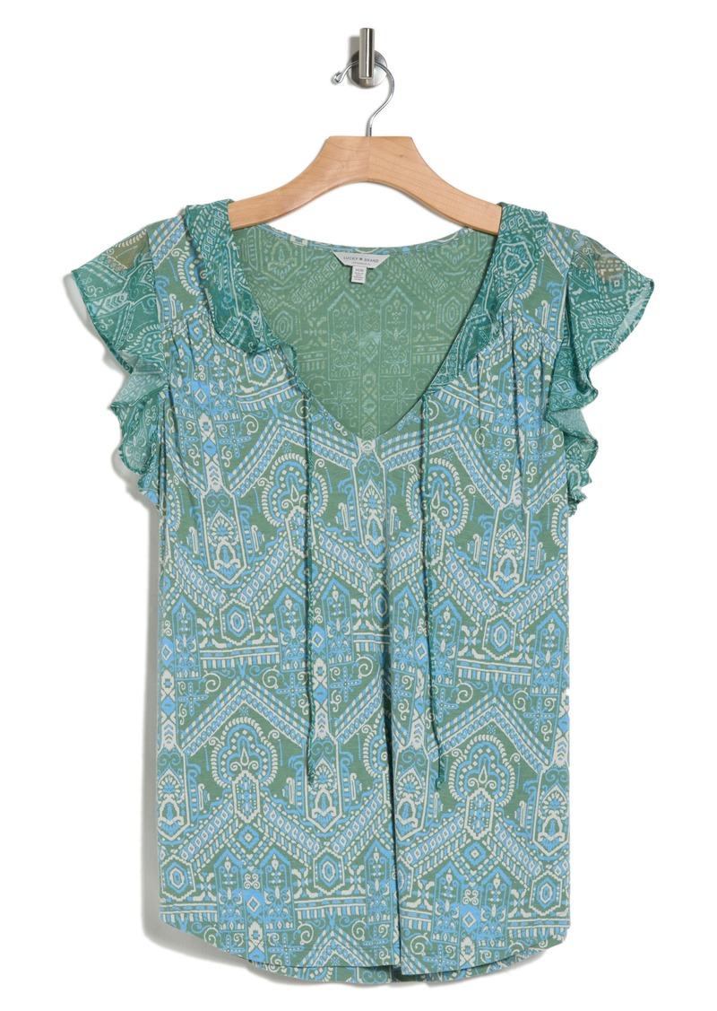 Lucky Brand Printed Flutter Sleeve Tie Neck Top in Green Multi at Nordstrom Rack