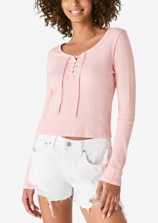 Lucky Brand Ribbed Lace-Up Long-Sleeve Top - Silver Pink