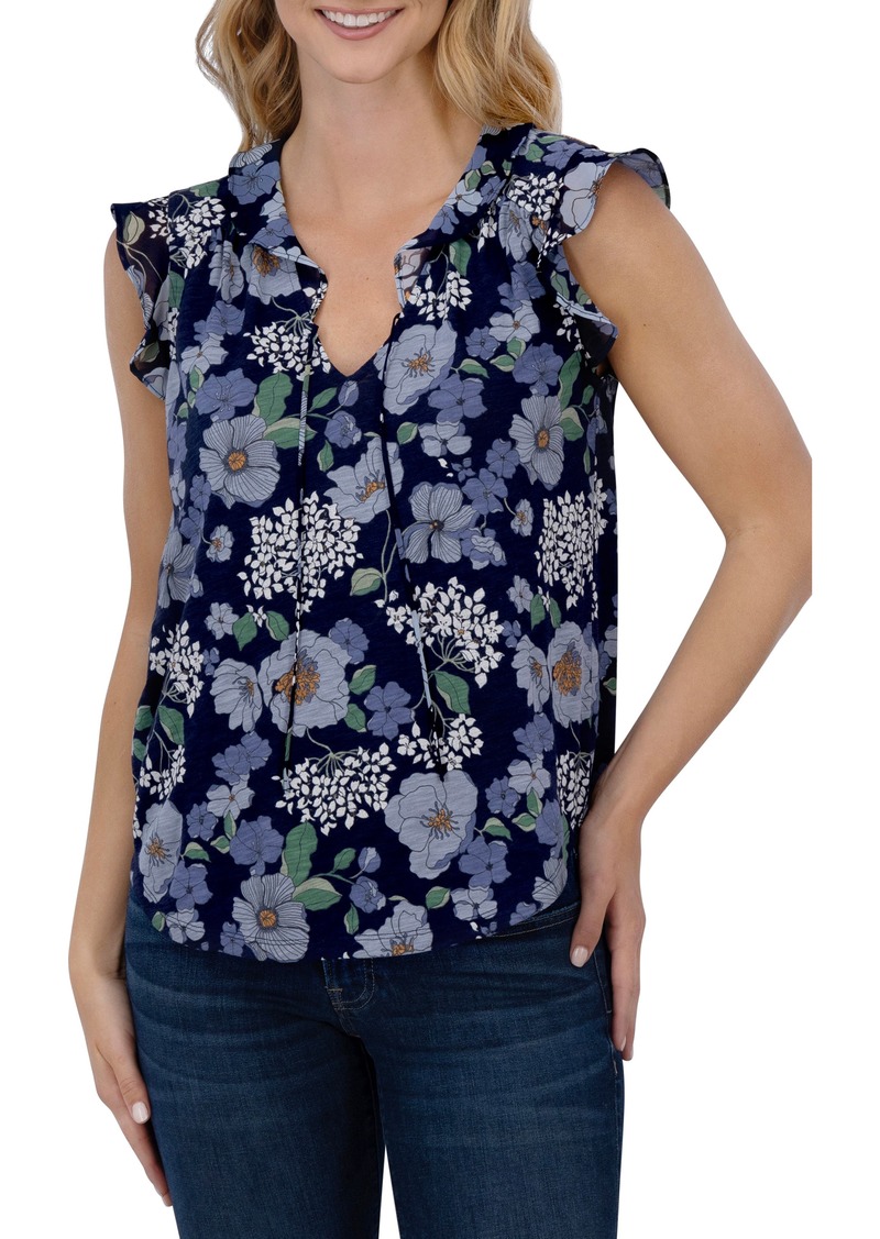 Lucky Brand Ruffle Print Tie Neck Top in Navy Multi at Nordstrom Rack