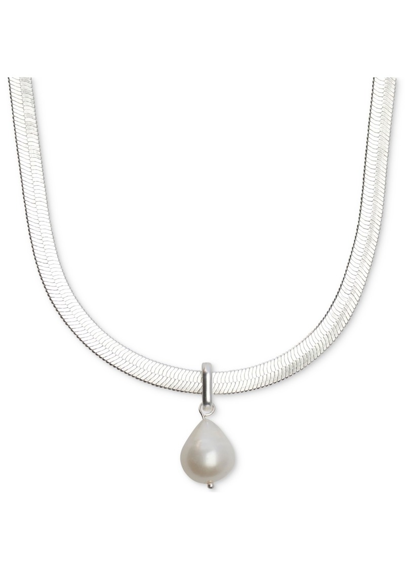 "Lucky Brand Silver-Tone Freshwater Pearl Herringbone Pendant Necklace, 15-1/4"" + 3"" extender - Silver"