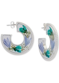 "Lucky Brand Silver-Tone Pressed Flower Medium Open Hoop Earrings, 1.35"" - Silver"