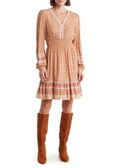 Lucky Brand Smocked Floral Print Long Sleeve Minidress in Tan Twin at Nordstrom Rack