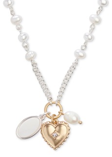 "Lucky Brand Two-Tone Pave, Imitation & Freshwater Pearl Multi-Charm Pendant Necklace, 16"" + 2"" extender - Ttone"