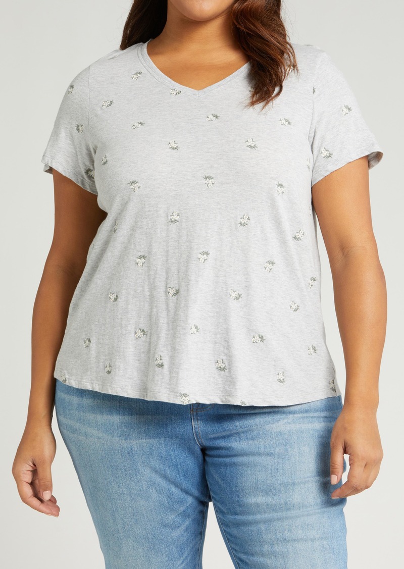 Lucky Brand V-Neck Bouquet Embroidered T-Shirt in Heather Grey at Nordstrom Rack