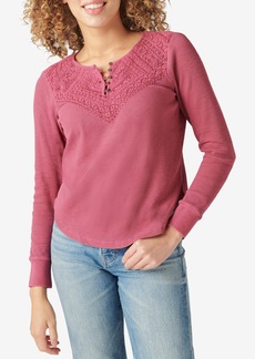 Lucky Brand Long Sleeve Waffle Lace Top in Rumba Red at Nordstrom Rack