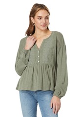 Lucky Brand Women's Beaded Embroidered Pin Tuck Peplum Top