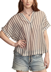 Lucky Brand Women's Cotton Striped Dolman Popover Shirt - Brown Pink Plaid