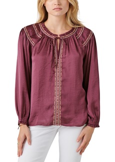 Lucky Brand Women's Embroidered Satin Peasant Top