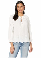 Lucky Brand Women's Eyelet Scalloped Edge Peasant TOP  L