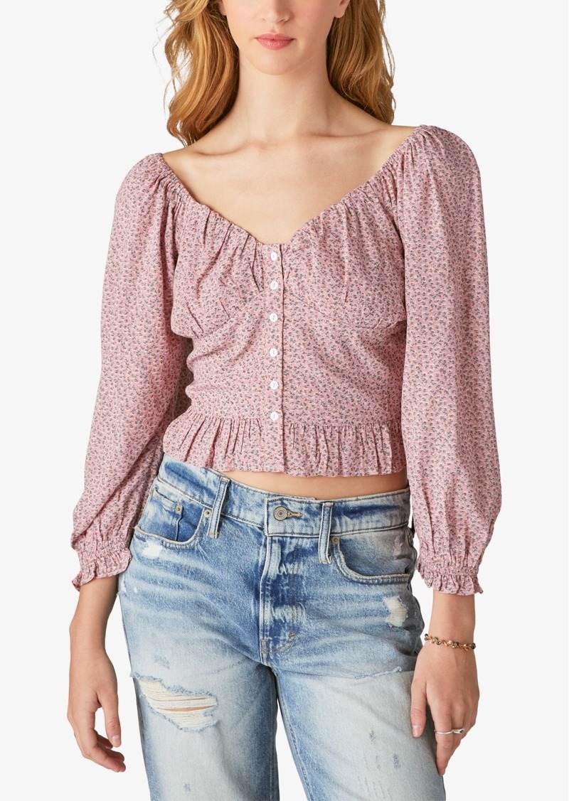 Lucky Brand Women's Floral-Print Smocked Button-Front Top - Pink Multi