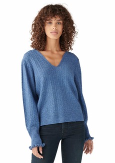 Lucky Brand Women's Long Sleeve Tie Neck Peasant Cable Sweater
