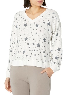 Lucky Brand Women's Long Sleeve V-Neck Cloud Jersey Top White with Stars L