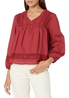 Lucky Brand Women's Long Sleeve V-Neck Embroidered Peasant Blouse