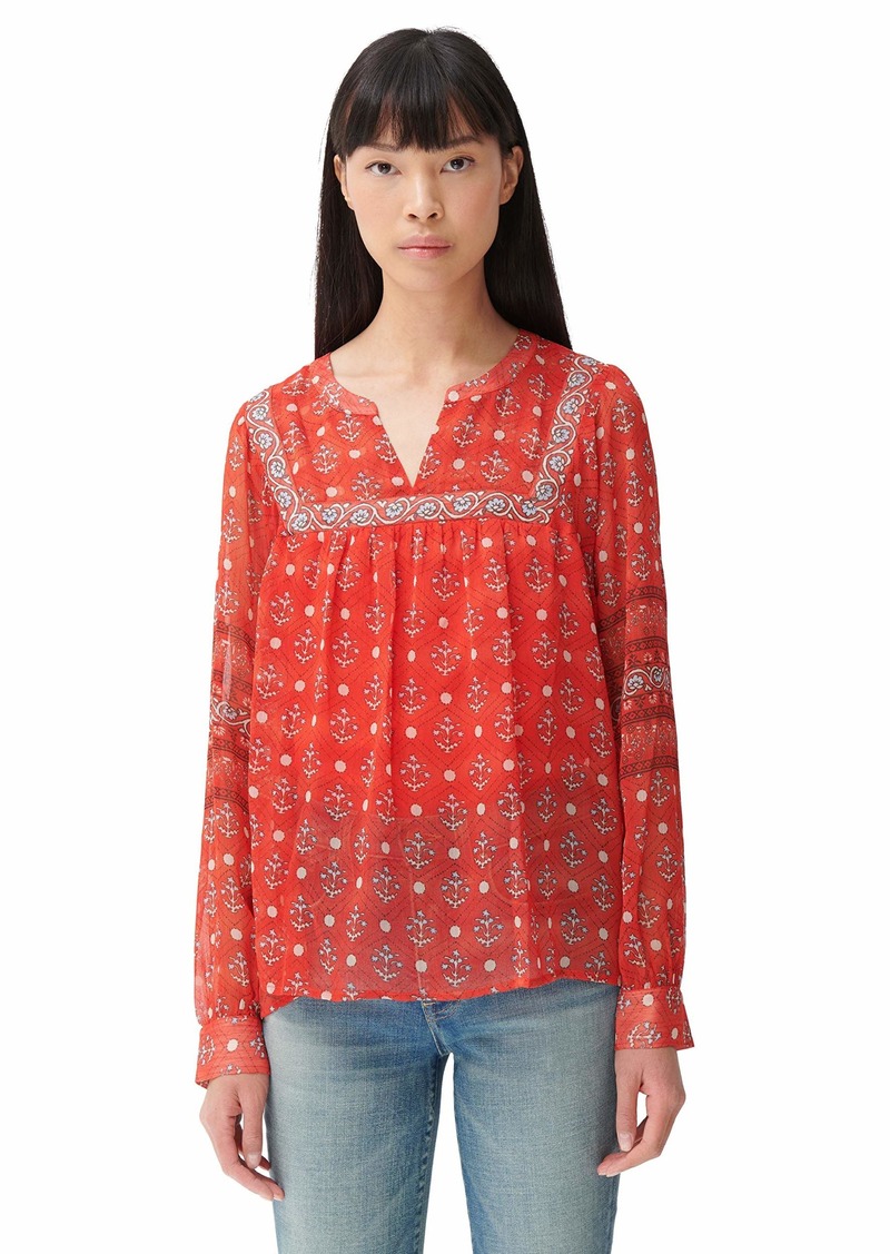 Lucky Brand Women's Long Sleeves Notch Neck Border Print Blouse  S