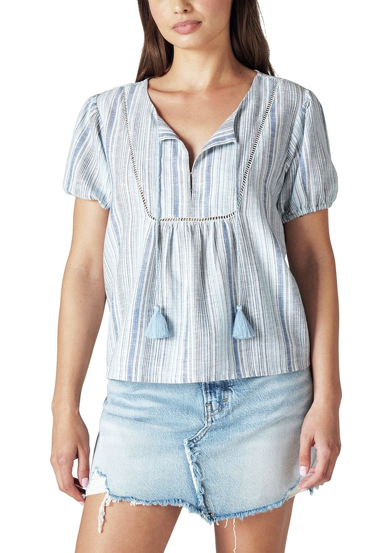 Lucky Brand Women's Open Neck Embroidered Peasant Blouse