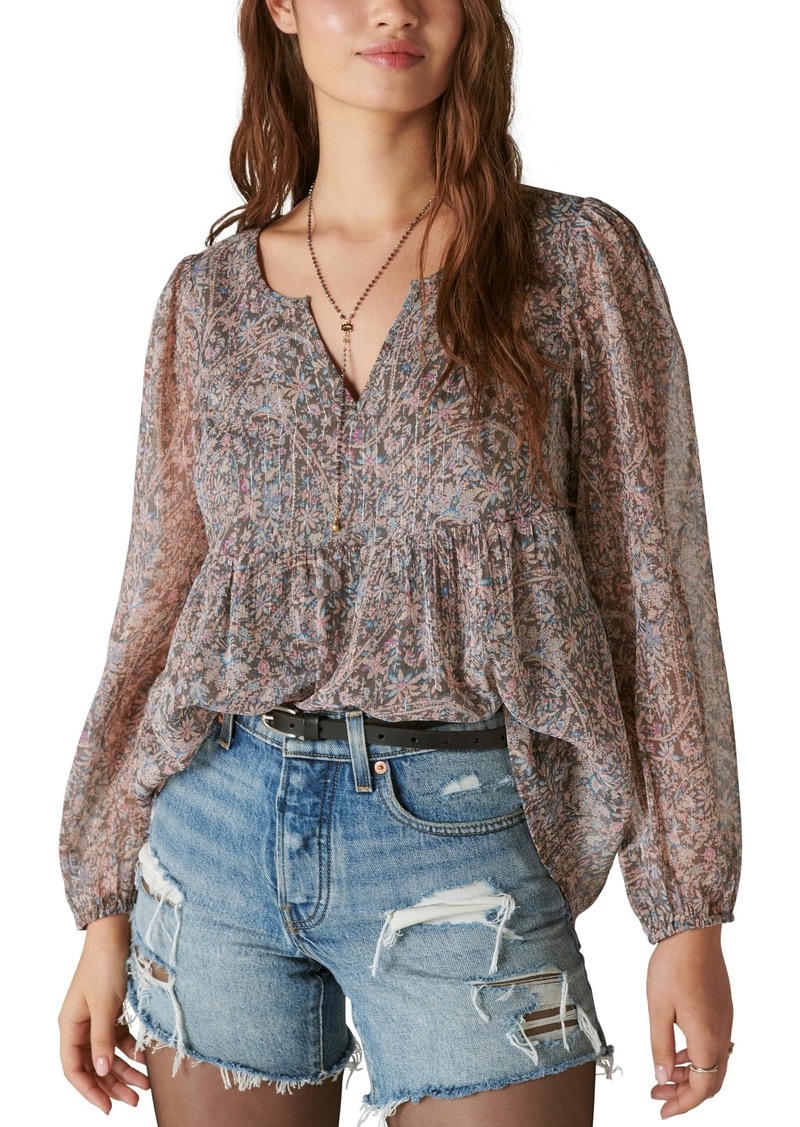 Lucky Brand Women's Open Neck Printed Peasant Top