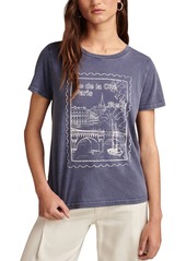 Lucky Brand Women's Paris Post Stamp Crewneck Cotton T-Shirt - Washed Blue