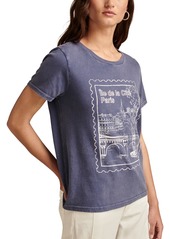 Lucky Brand Women's Paris Post Stamp Crewneck Cotton T-Shirt - Washed Blue