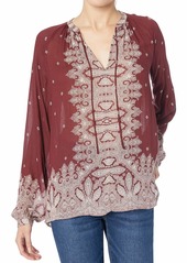 Lucky Brand Women's Peasant TOP with Contrast Border Print  M