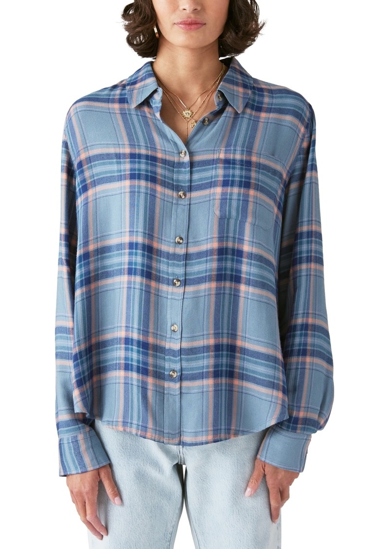 Lucky Brand Women's Plaid Button-Down Boyfriend Shirt - Smoke Blue Plaid