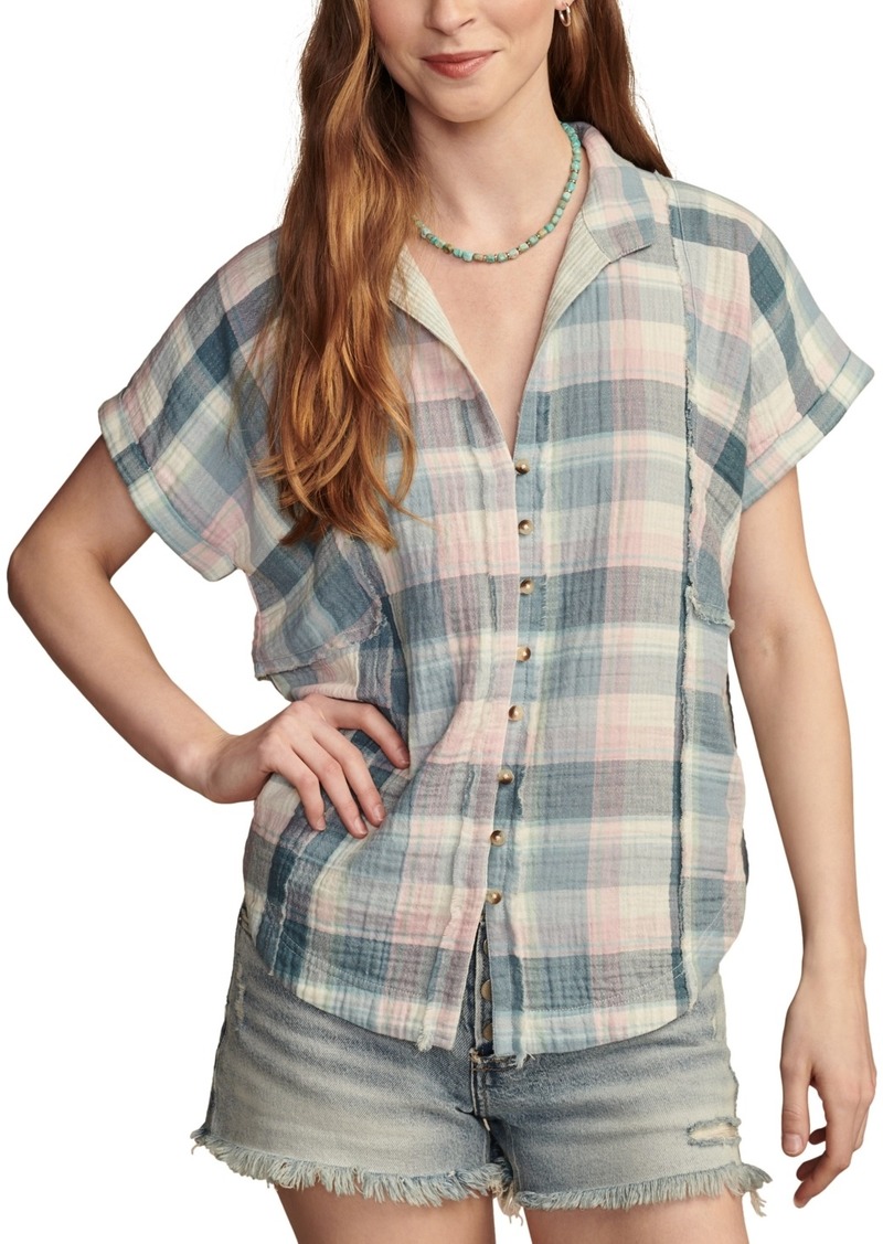 Lucky Brand Women's Plaid Cotton Short-Sleeve Beach Shirt - Teal Multi