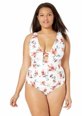 Lucky Brand Women's Plus Size Plunge Front One Piece Swimsuit