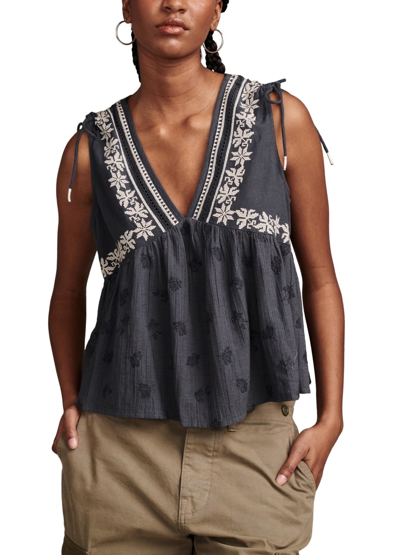 Lucky Brand Women's Ruched Shoulder Deep V Top