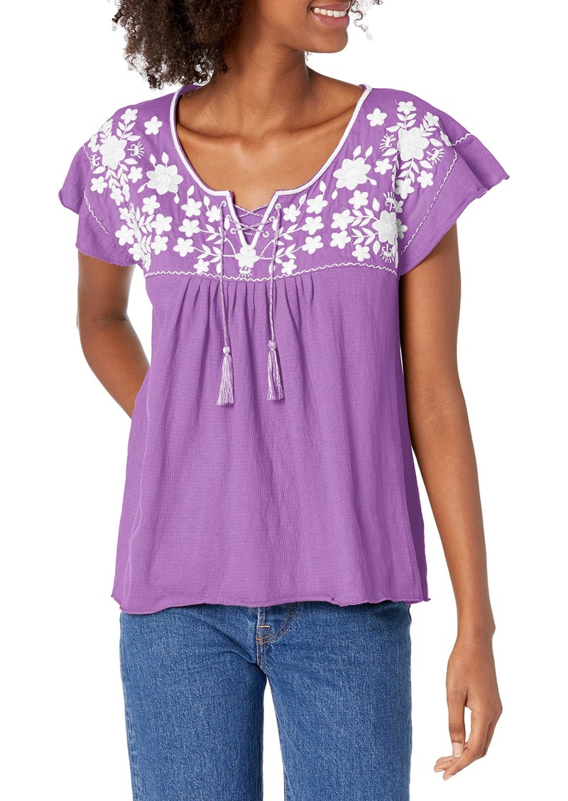 Lucky Brand Women's Ruffle Sleeve Tie Neck Embroidered Boho Blouse