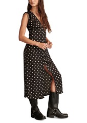 Lucky Brand Women's Satin Button-Front Midi Dress - Black Dot