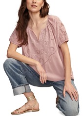 Lucky Brand Women's Short-Sleeve Cutwork Cotton Peasant Top - Mauve Shadows