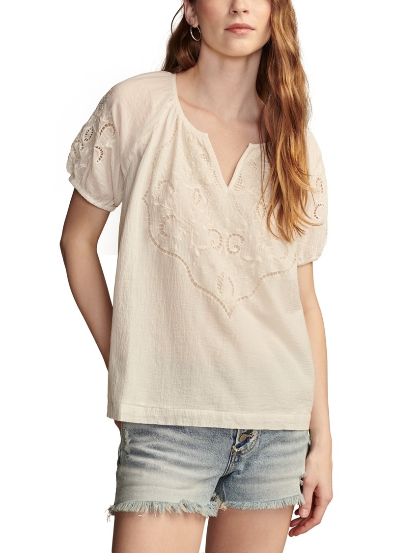 Lucky Brand Women's Short-Sleeve Cutwork Cotton Peasant Top - Bright White