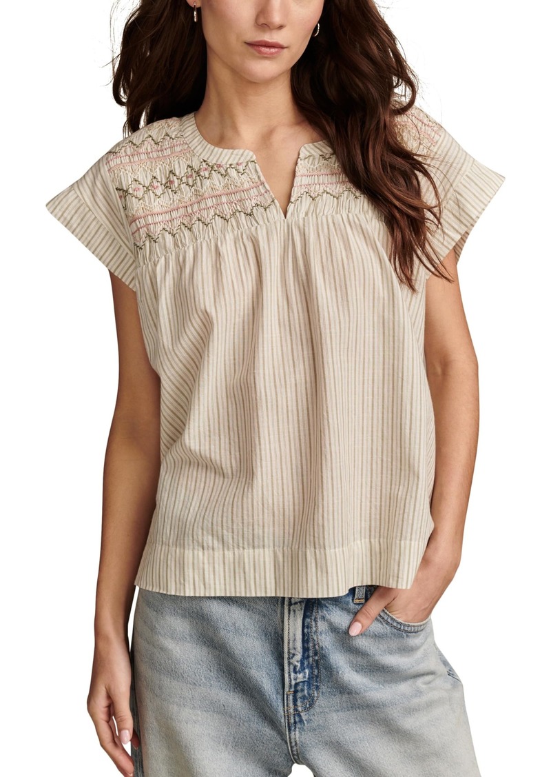 Lucky Brand Women's Short Sleeve Smocked Blouse