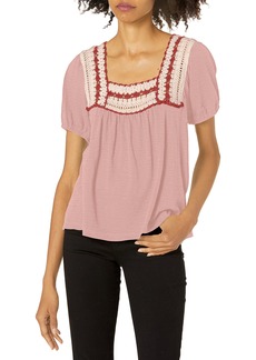 Lucky Brand Women's Short Sleeve Square Neck Crochet Top