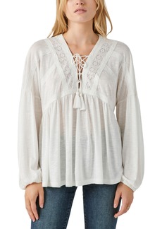 Lucky Brand Women's Tie-Neck Lace-Trim Peasant Top - Whisper White