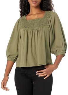 Lucky Brand Women's Tonal Embroidered Square Neck Blouse DEEP Lichen Green MD (US 8-10)