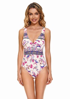 Lucky Brand Lucky Women's Standard Blossom One Piece Swimsuit-V-Neckline Adjustable Straps Bathing Suits