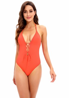 Lucky Brand Lucky Women's Standard Golden Wave One Piece Swimsuit-Lace Front Tie Adjustable Straps Bathing Suits