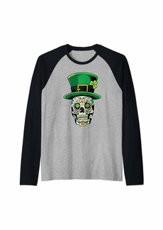 Lucky Brand Sugar Skull Saint Patricks Day of Dead Raglan Baseball Tee