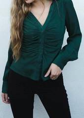 Lucy Gathered Button Down Top In Green