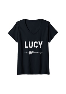 Womens Lucy Guitar Heartbeat Music Guitarist Retro Vintage V-Neck T-Shirt