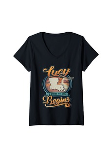 Womens Vintage Lucy Louisiana Hometown My Story Begins V-Neck T-Shirt
