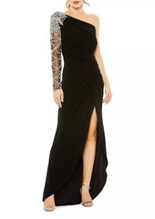 Mac Duggal Asymmetric Crystal-Embellished Jersey Gown