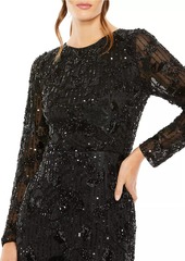 Mac Duggal Beaded Long-Sleeve Midi-Dress