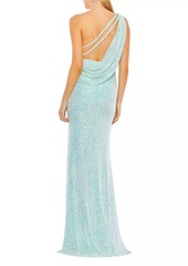 Mac Duggal Draped Sequined One-Shoulder Gown