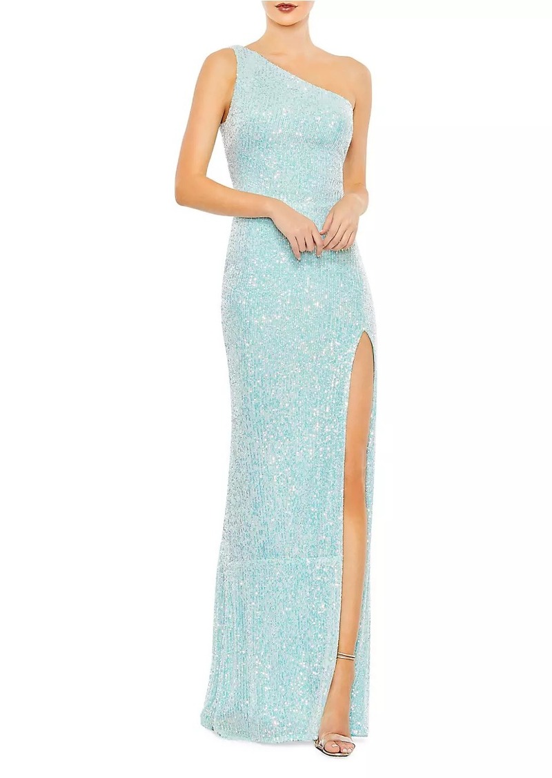 Mac Duggal Draped Sequined One-Shoulder Gown